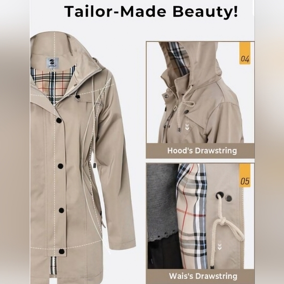 Waterproof Women's Beige Hooded Jacket - Raincoat Outdoor Windbreaker - Picture 10 of 13